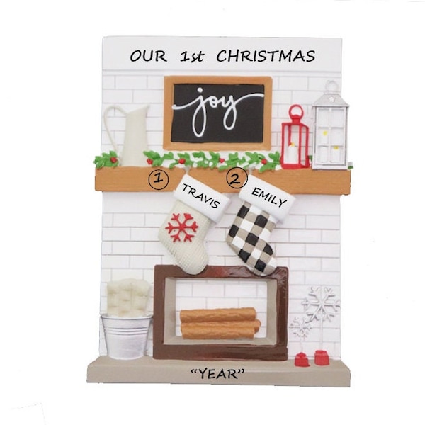 Modern Family of 2 Stockings Fireplace Personalized Ornament