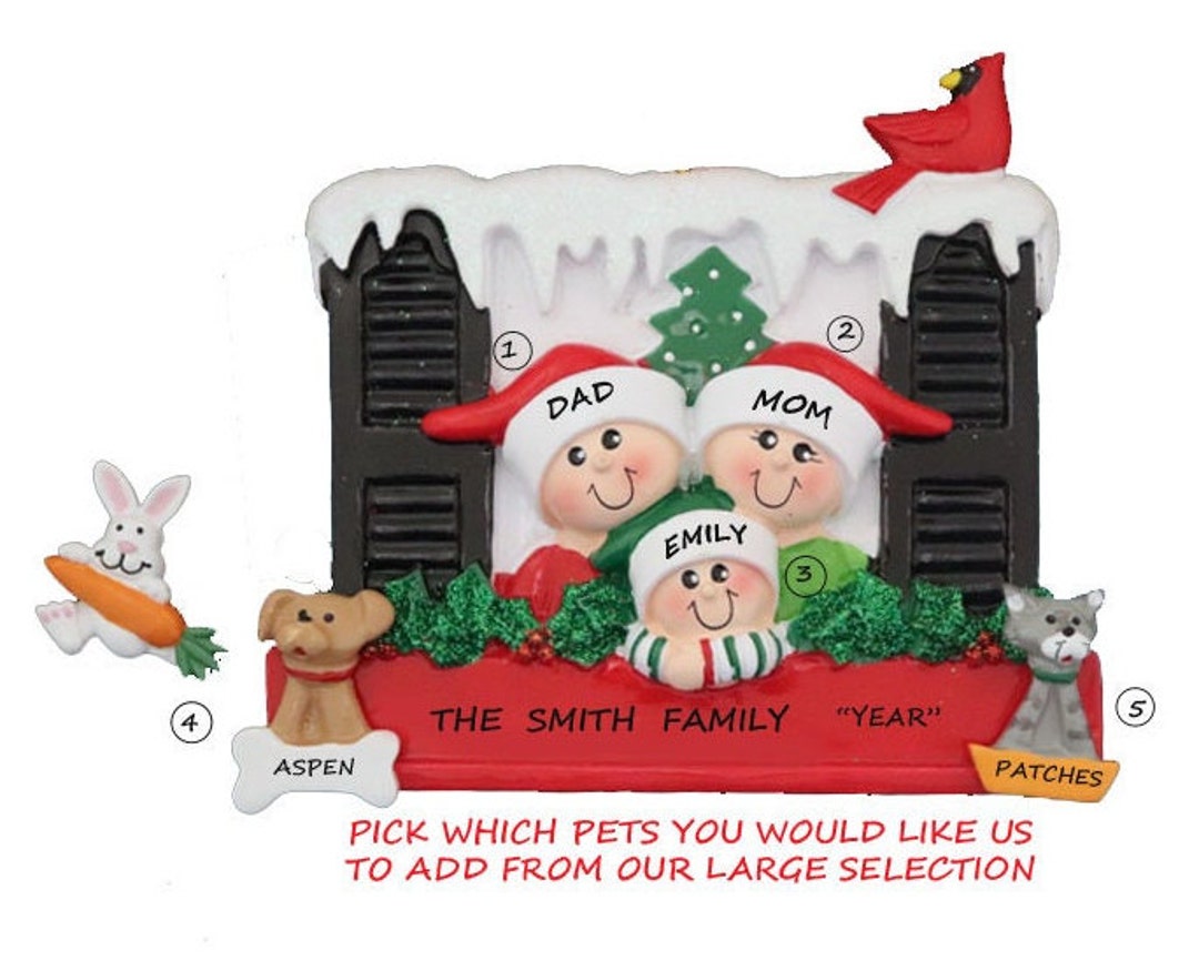 Personalized Family of 3 in Window Ornament With 2 Dogs or Cats Added ...