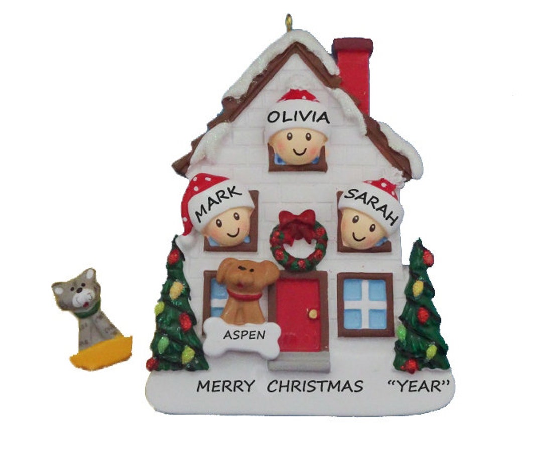 Personalized Family of 3 Home Ornament With Dog or Cat Added - 3 People ...