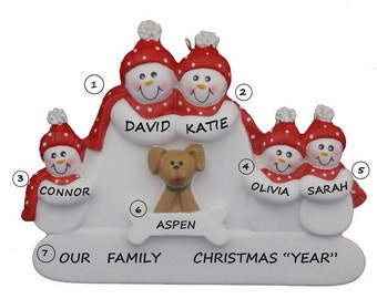 Family of 5 Christmas Ornament with Tan Dog-Personalized Family of 5 Ornament with Black, Tan or White Dog Christmas Ornament