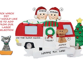 Personalized RV 5th Wheel Camping Ornament with Dog - Happy Campers Personalized Ornament with A Custom Pet Added