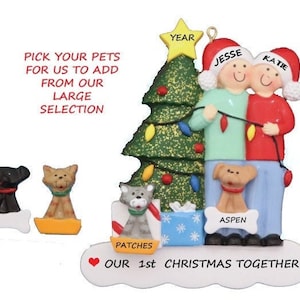 Couple with 2 Custom Pets Dogs or Cats  Personalized Christmas Ornament - Personalized  Couple Ornament with Dogs or Cats