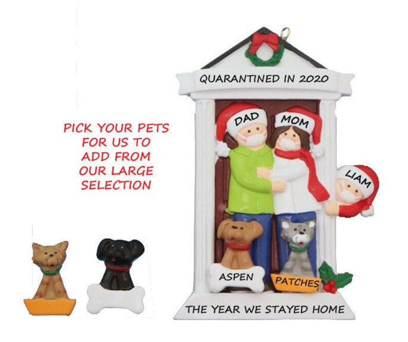 Personalized Family of 3 2020 Quarantine Home Ornament 2 Dogs or Cats Added 3 People Home Personalized Ornament with Custom Dogs or Cats