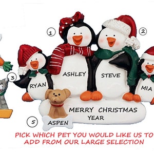 Penguin Family of 4 Personalized Ornament with Custom Dog, Cat or Bunny Added - Family 4 with Dog -  Ornament with Cat or Rabbit