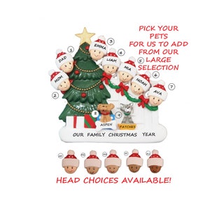 Family 7 Bannister Celebrating Christmas Personalized Christmas Ornament with 2 Dogs, Cats or Bunnies Added -Bi-Racial, Ethnic, Ornament
