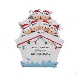 May include: A white cruise ship ornament with six people on board. The ornament is decorated with colorful lights and the text "Our Carnival Cruise to the Caribbean".