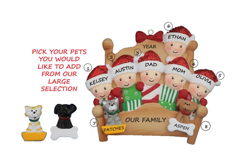 Family Six with 2 Pets-Hand Personalized Personalized Family 6 Snuggled in Bed with 2 Dogs or Cats Added Personalized Christmas Ornament