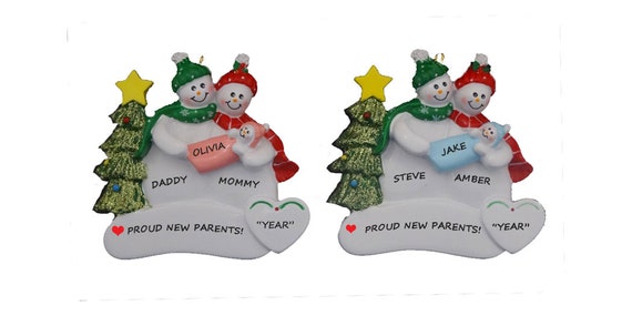 Personalized Snow Couple Ornament With New Baby Girl or Boy