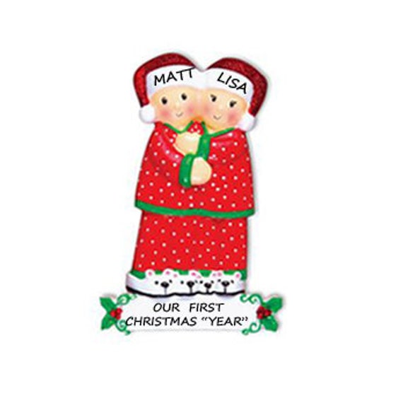 Personalized Our First Christmas Couple Ornament - Pajama Couple Personalized Ornament - Available as Ethnic Couple