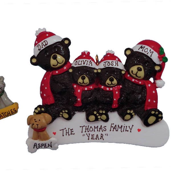 Black Bear Family of 4 Personalized Ornament with Family Dog or Cat Added - Family of 4 Personalized Christmas Ornament with Family Pet