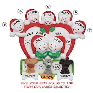 Personalized Ornament Snow Family of 7 in Heart with Dogs, Cats or Bunnies added-Snow Family of 7 in Heart with Pets added Personalized