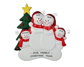 Personalized Snow Family of 4 By Christmas Tree - Personalized Free -Personalized  Family of 4 Christmas Ornament