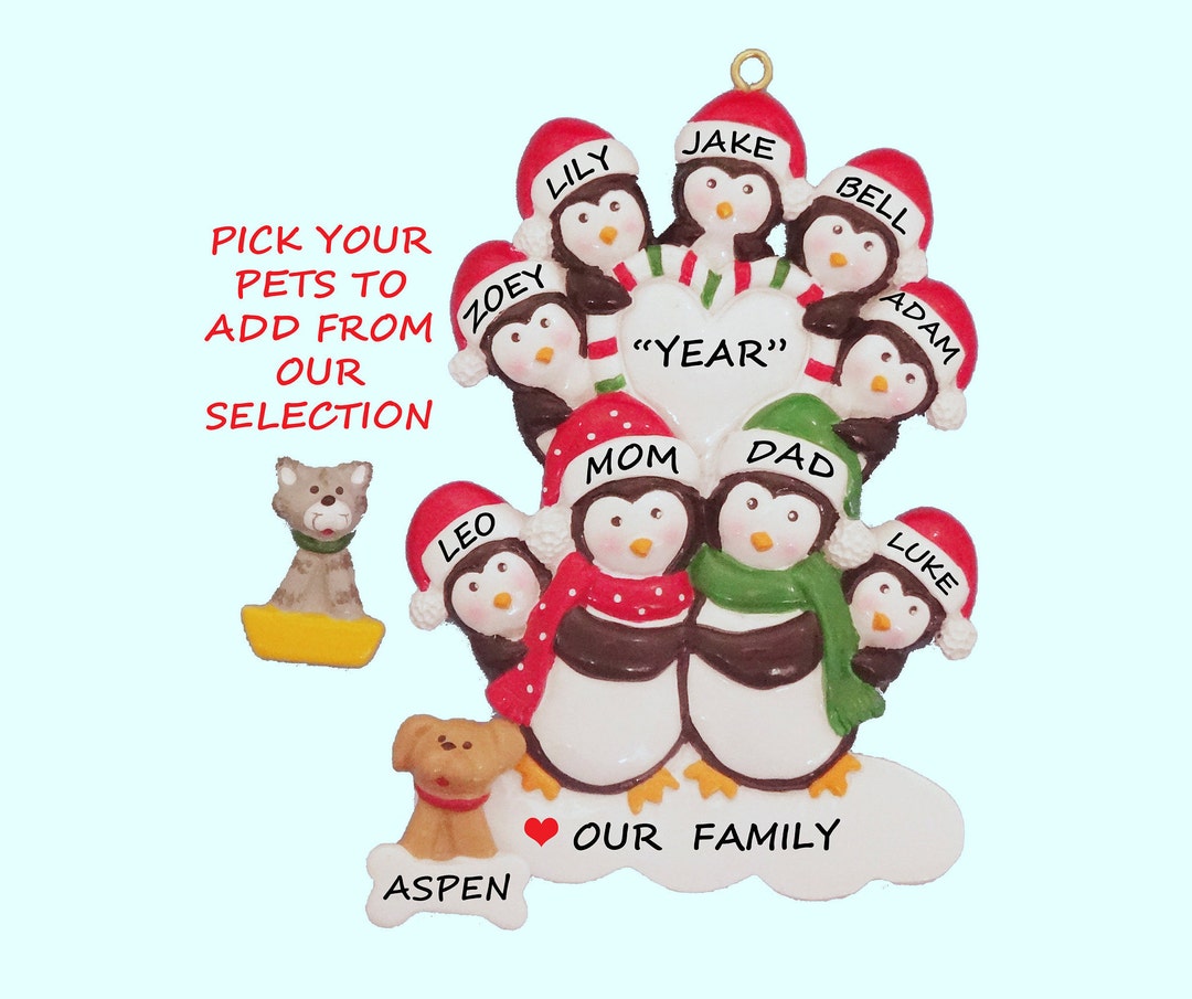 Personalized Penguin Family of 9 Ornament With 1 Dog or Cat Added ...