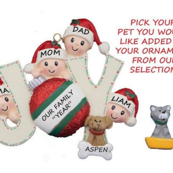 Joy Family 4 Personalized Ornament with Dog or Cat Added - Family of Four Personalized Ornament with Custom Dog or Cat