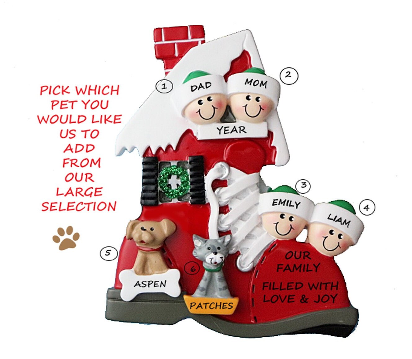 Red Shoe House Family 4 Personalized Ornament with 2 Dogs or Cats- Family of Four Personalized Ornament with 2 Custom Pets Added