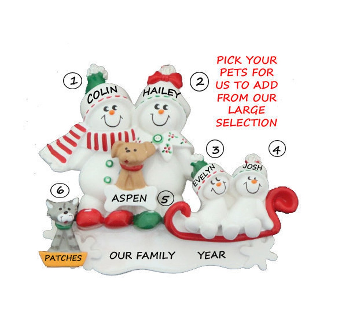 Snow Family of 4 Personalized Ornament With 2 Custom Dogs or Cats Added ...