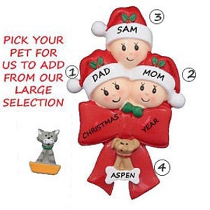 Family of 3 Celebrating Christmas Personalized Ornament with Dog or Cat Added - Family of 3 with Custom Dog, Cat or Bunny Added Ornament