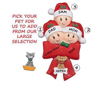 Family of 3 Celebrating Christmas Personalized Ornament With Dog or Cat ...
