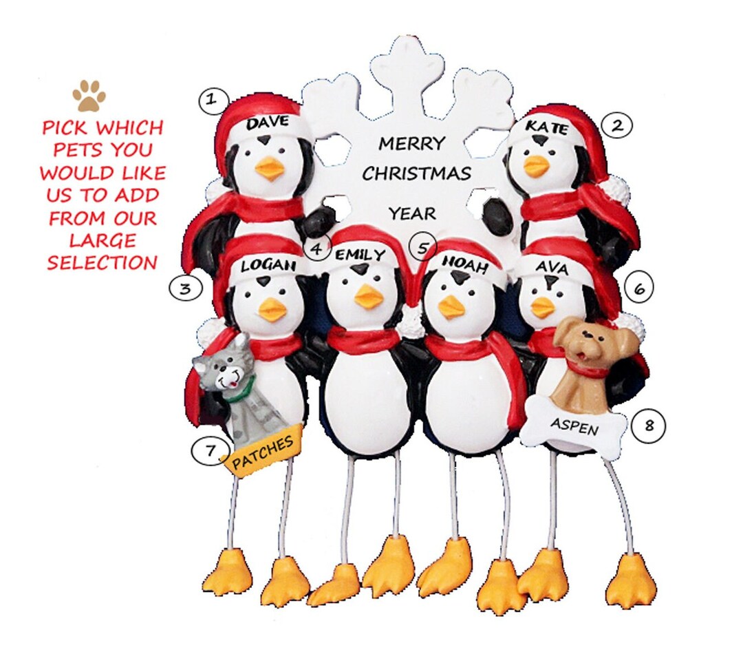 Family of 6 Penguin Personalized Ornament With 2 Custom Dogs, Cats or