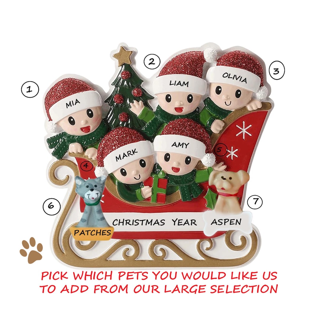 Sled Family of 5 Christmas Ornament With 2 Custom Dogs or Cats Added ...