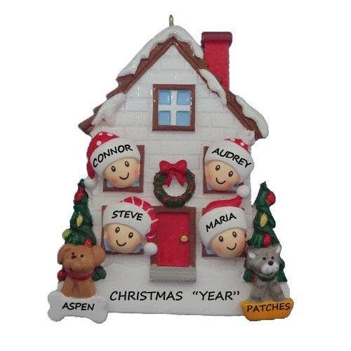 Personalized Family of 4 Home Ornament with 2 Dogs or Cats Added -4 People Home Personalized Ornament with Dog or Cat - 4 Roommates Ornament