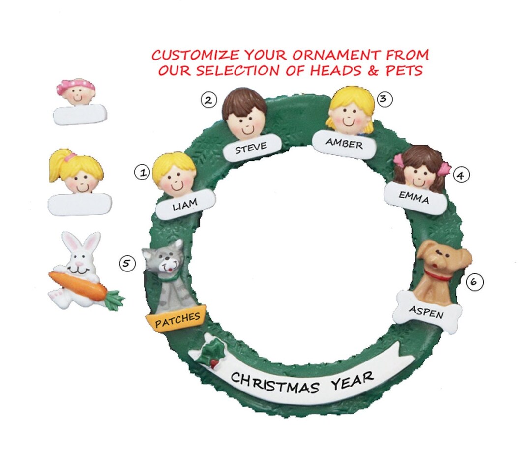Personalized Family of 4 Green Wreath Ornament With Cats, Dogs and ...