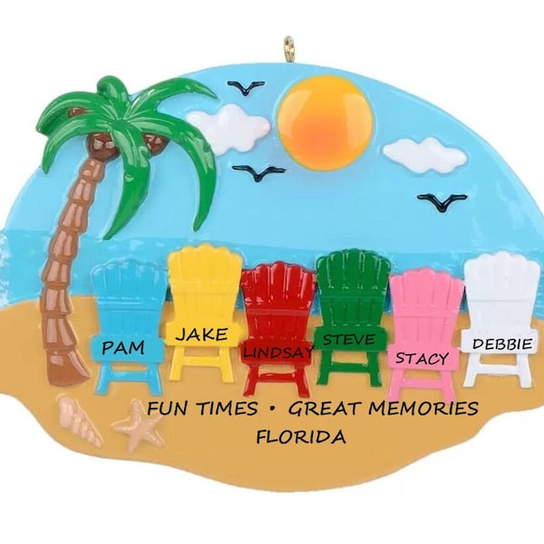 Personalized Ornament Family of 6 Beach Vacation  -  Group or Family of 6 Beach Chairs Personalized Personalized Christmas Ornament