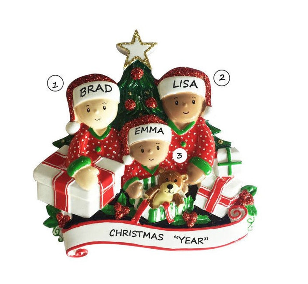 Multi-racial Pajama Family of 3 Personalized Ornament - Personalized ...