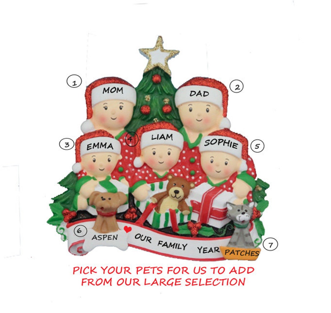 Personalized Family of Five With Dogs, Cats or Bunnies Added Ornament ...