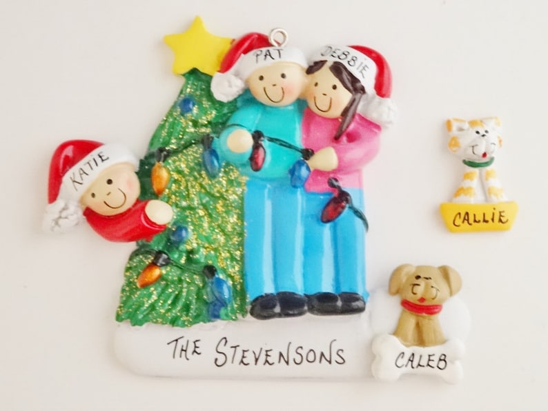 Family of 3 Personalized Ornament With Custom Dog of Cat Added - Family ...