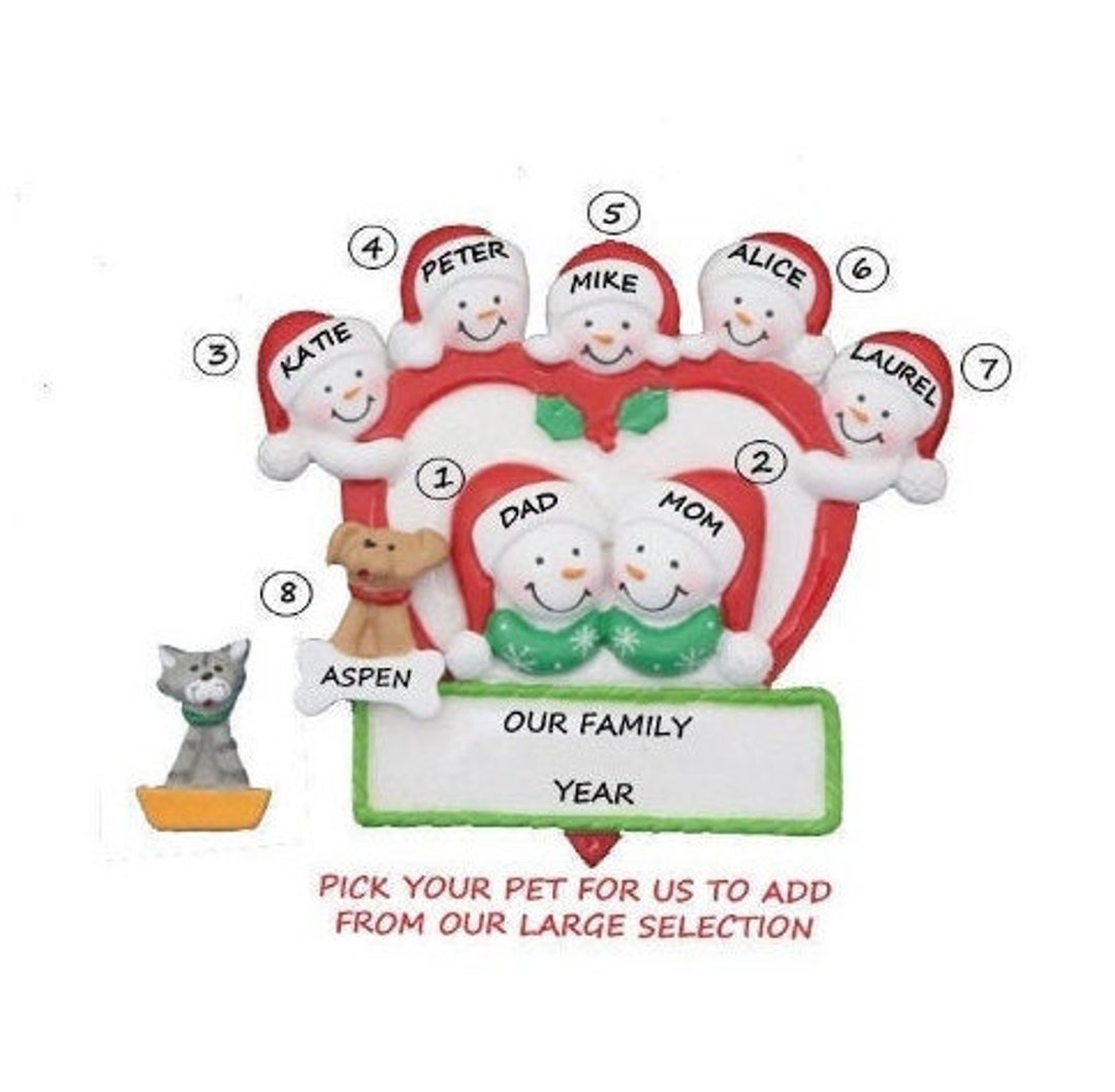 Personalized Ornament Snow Family of 7 in Heart With Dog, Cat or Bunny ...