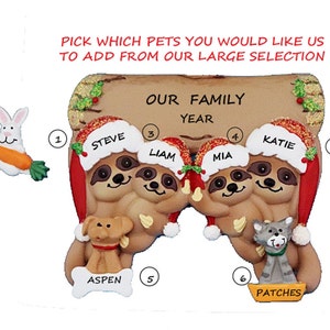 Personalized Sloth Family of 4 Christmas Ornament with 2 Dogs -Personalized Family 4 Ornament with 2 Cats or Pets Added