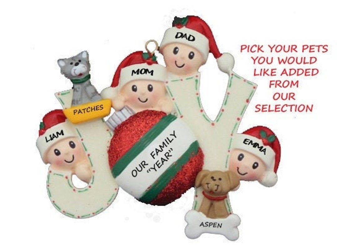 Joy Family 4 Personalized Ornament With 2 Dogs or Cats Added - Family ...