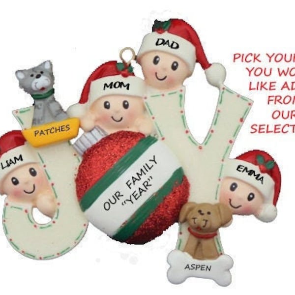 Joy Family 4 Personalized Ornament with 2  Dogs or Cats Added - Family of Four Personalized Ornament with Custom Dogs or Cats