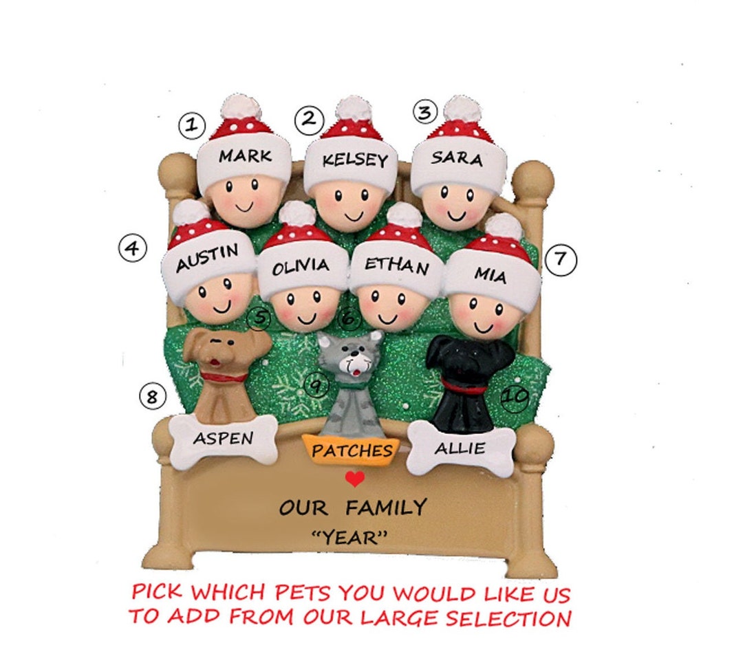 Personalized Family 7 Snuggled in Bed With 3 Dogs or Cats Added ...