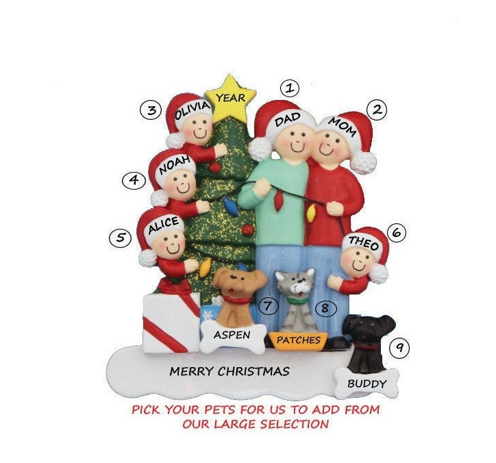 Family of 6 Personalized Ornament with 3 Custom Dogs, Cats or Bunnies Added -Family of Six Personalized Ornament with three Pets Added