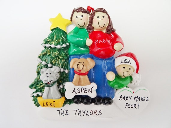 family of 3 with 2 dogs ornament