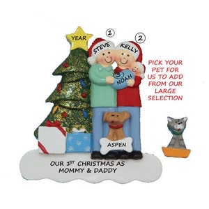 Couple with New Baby and A Dog or Cat Personalized Ornament- Family of 3 Ornament with New Baby Boy Or Girl Christmas Ornament