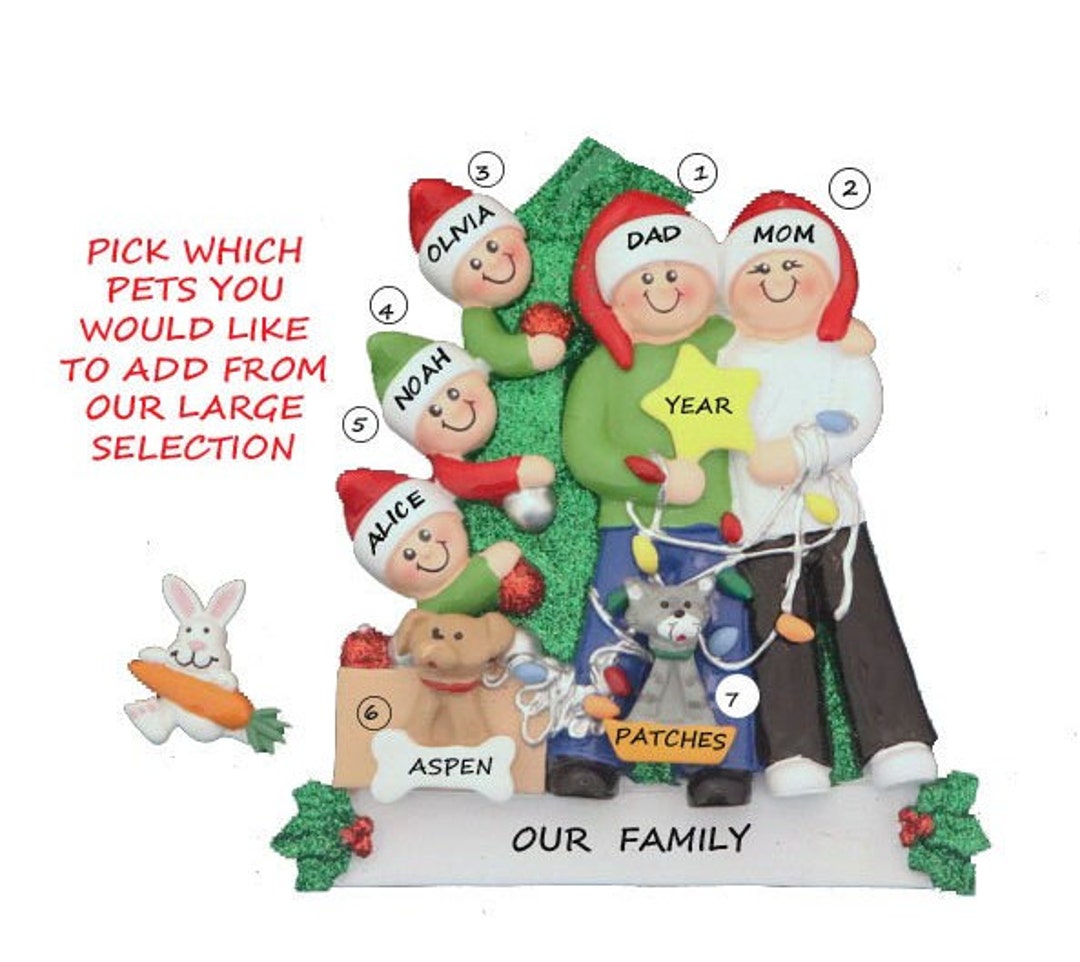 Family of 5 Personalized Ornament With 2 Dogs, Cats or Bunnies Added