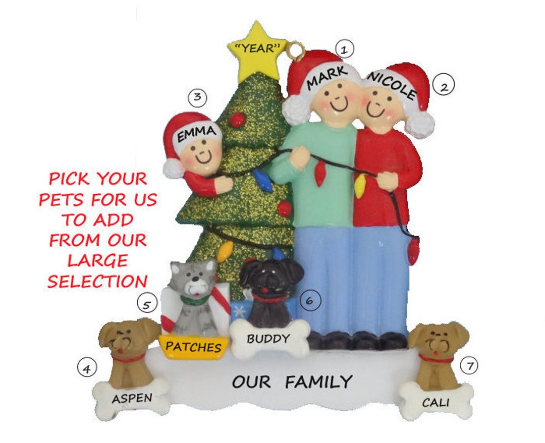 Family of 3 Personalized Ornament With 4 Dogs or Cats Added Decorating ...