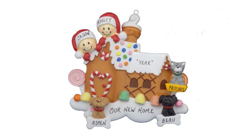 Custom Pets Added Dogs or Cats Personalized Couple Gingerbread House Christmas Ornament with 3 Custom Family Dogs or Cats Our New Home