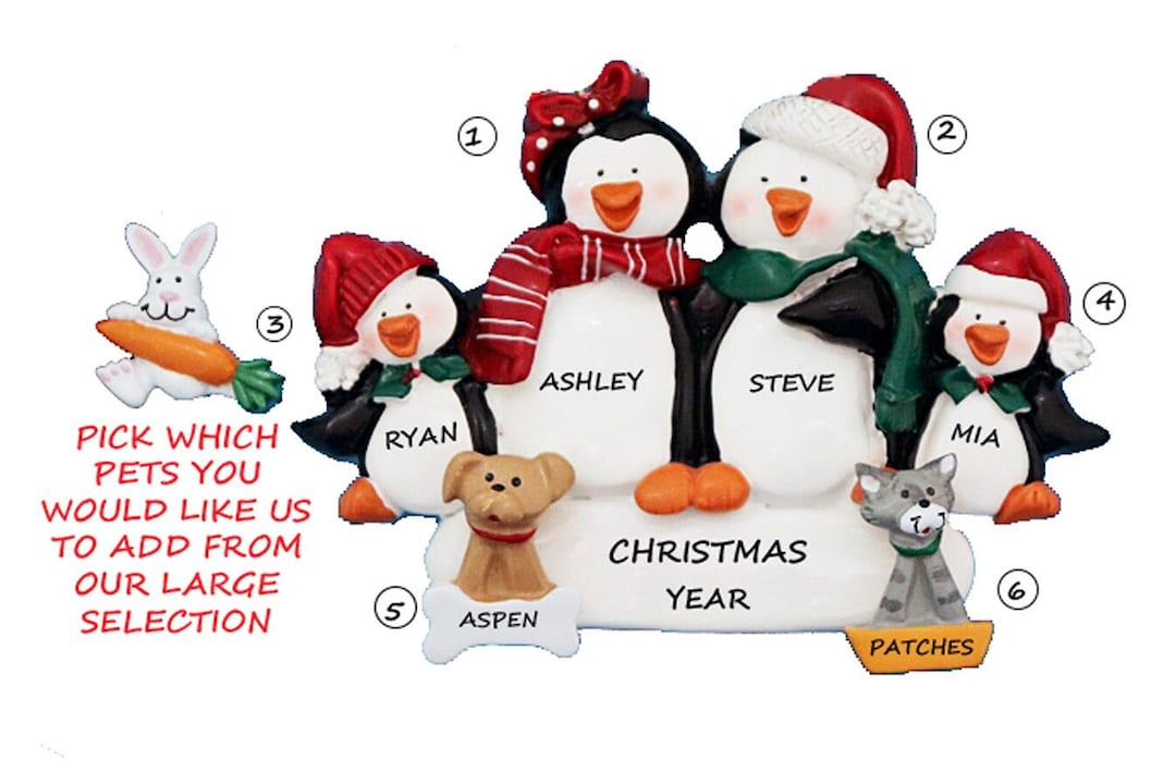 Personalized Penguin Family of 4 Christmas Ornament With 2 Dogs ...