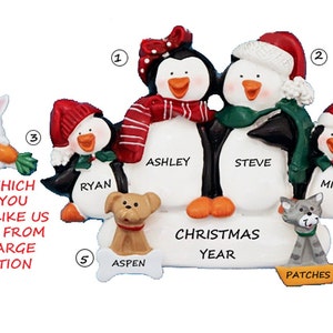 Personalized Penguin Family of 4 Christmas Ornament with 2 Dogs - Personalized Family 4 Ornament with 2 Pets - Add 2 Cats or Bunnies Added