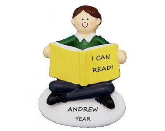 Boy Learning to Read Ornament - I Can Read Ornament - Personalized Ornament Boy Loves Books - Christmas Ornament for Boy That Loves Reading