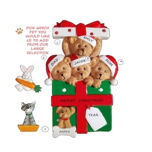 Family of Four Bears Personalized Ornament with a Dog, Cat or Bunny added - Family of 4 in Present Personalized Christmas Ornament