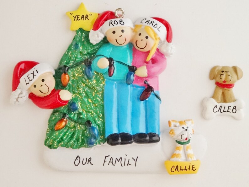 Family of 3 Personalized Ornament With Custom Dog of Cat Added - Family ...