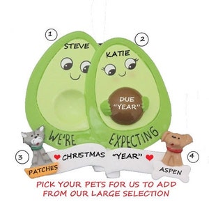 Personalized Christmas Ornament Pregnant Avocado Couple  with 2 Dogs or Cats Added - We're Expecting with Custom Dogs or Cats
