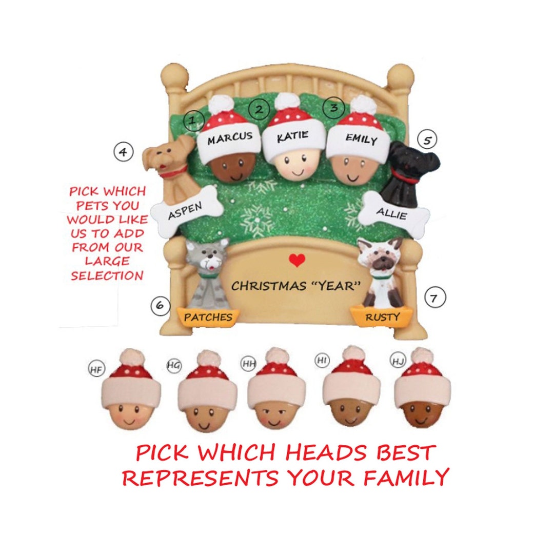 Personalized Family 3 Snuggled in Bed With 4 Dogs or Cats Added ...