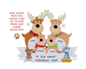 May include: A family Christmas ornament featuring reindeer figures labeled "Dad," "Mom," "Emma," and "Liam." The ornament includes dog and cat figurines named "Aspen" and "Patches," with the text "Our Family Christmas Year."