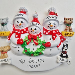 Personalized Family of Three Ornament with 4 Pets Added Family of 3 Ornament with 4 Pets Personalized Family of 3 with Dogs/Cats image 1